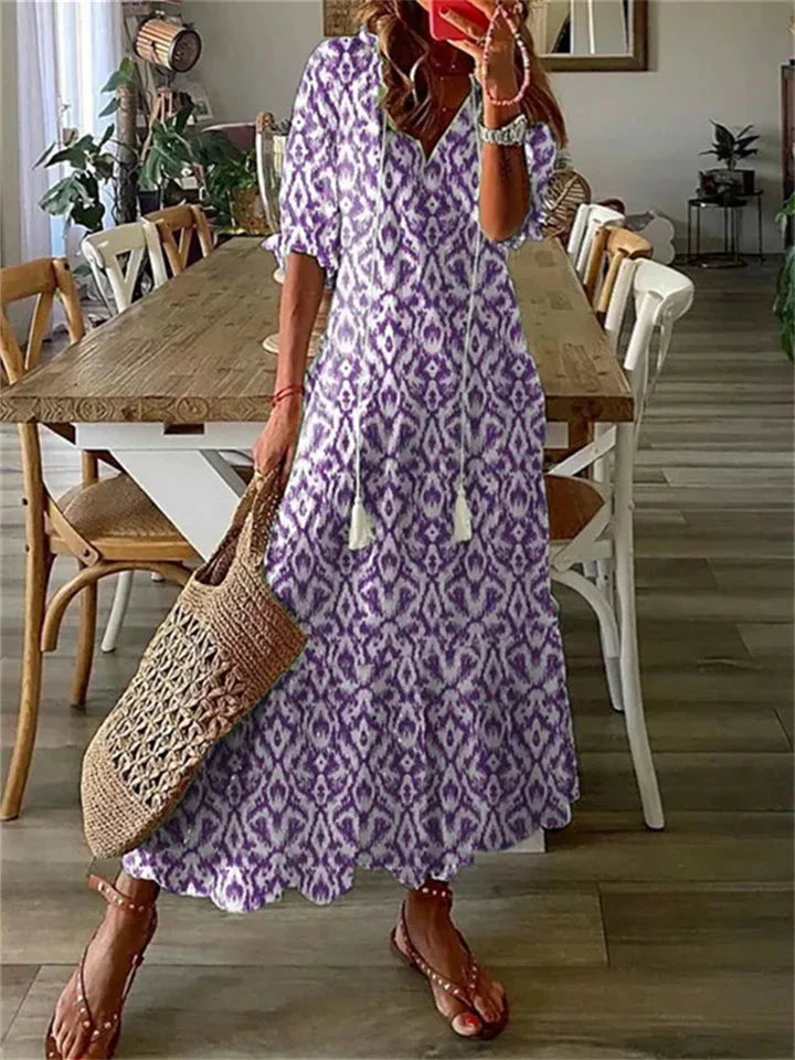 Robe Maxi Femme avec Décolleté en V et Imprimé Floral à Manches Courtes