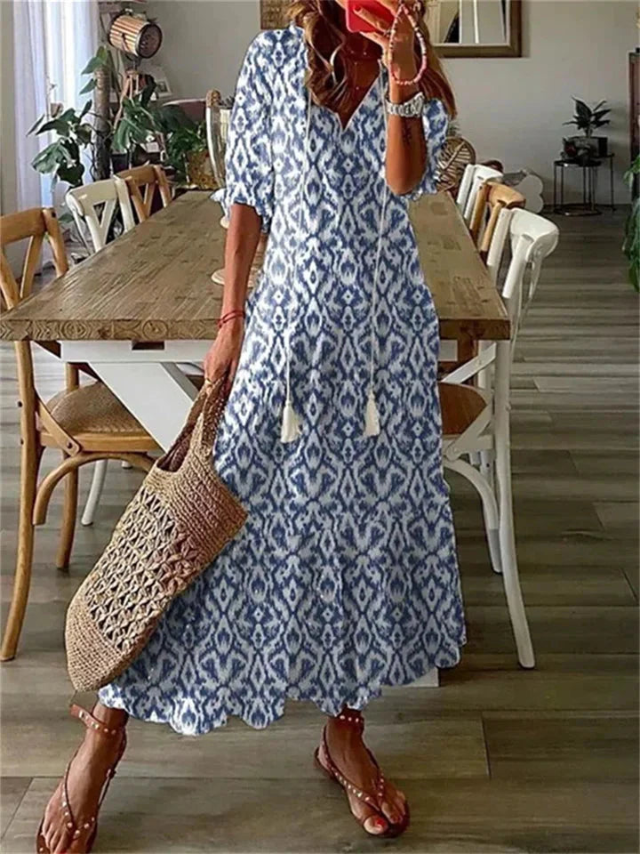 Robe Maxi Femme avec Décolleté en V et Imprimé Floral à Manches Courtes