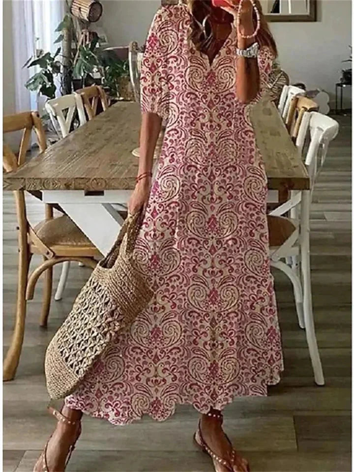 Robe Maxi Femme avec Décolleté en V et Imprimé Floral à Manches Courtes