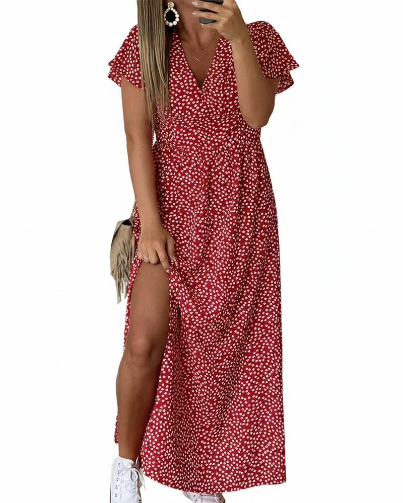 Robe Maxi Femme avec Décolleté en V et Imprimé Floral, Manches Volantes et Fente Latérale