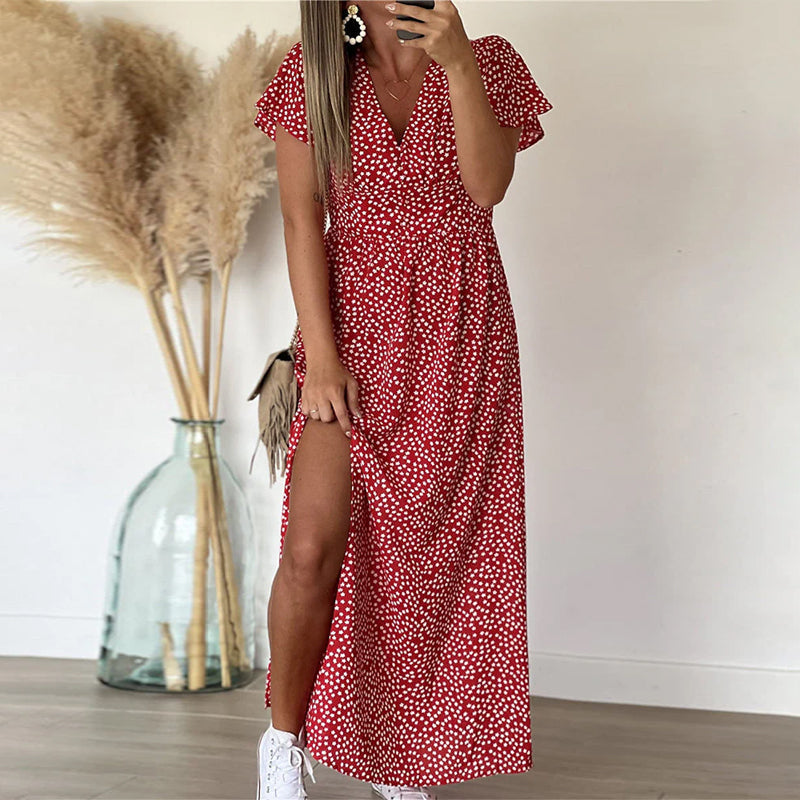Robe Maxi Femme avec Décolleté en V et Imprimé Floral, Manches Volantes et Fente Latérale