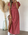 Robe Maxi Femme avec Décolleté en V et Imprimé Floral, Manches Volantes et Fente Latérale