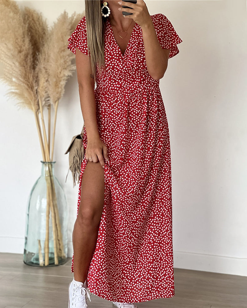 Robe Maxi Femme avec Décolleté en V et Imprimé Floral, Manches Volantes et Fente Latérale