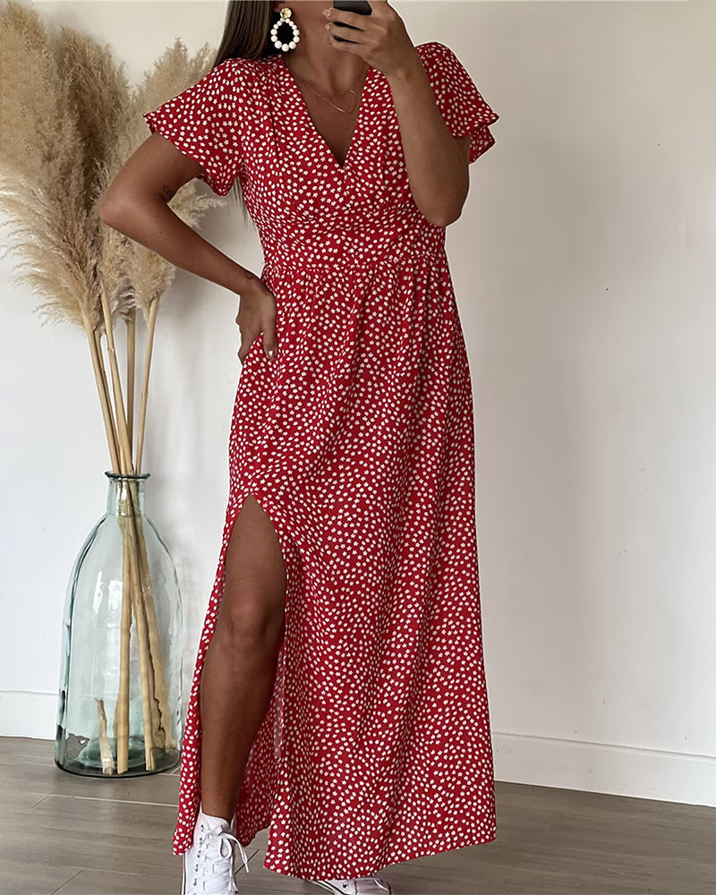 Robe Maxi Femme avec Décolleté en V et Imprimé Floral, Manches Volantes et Fente Latérale