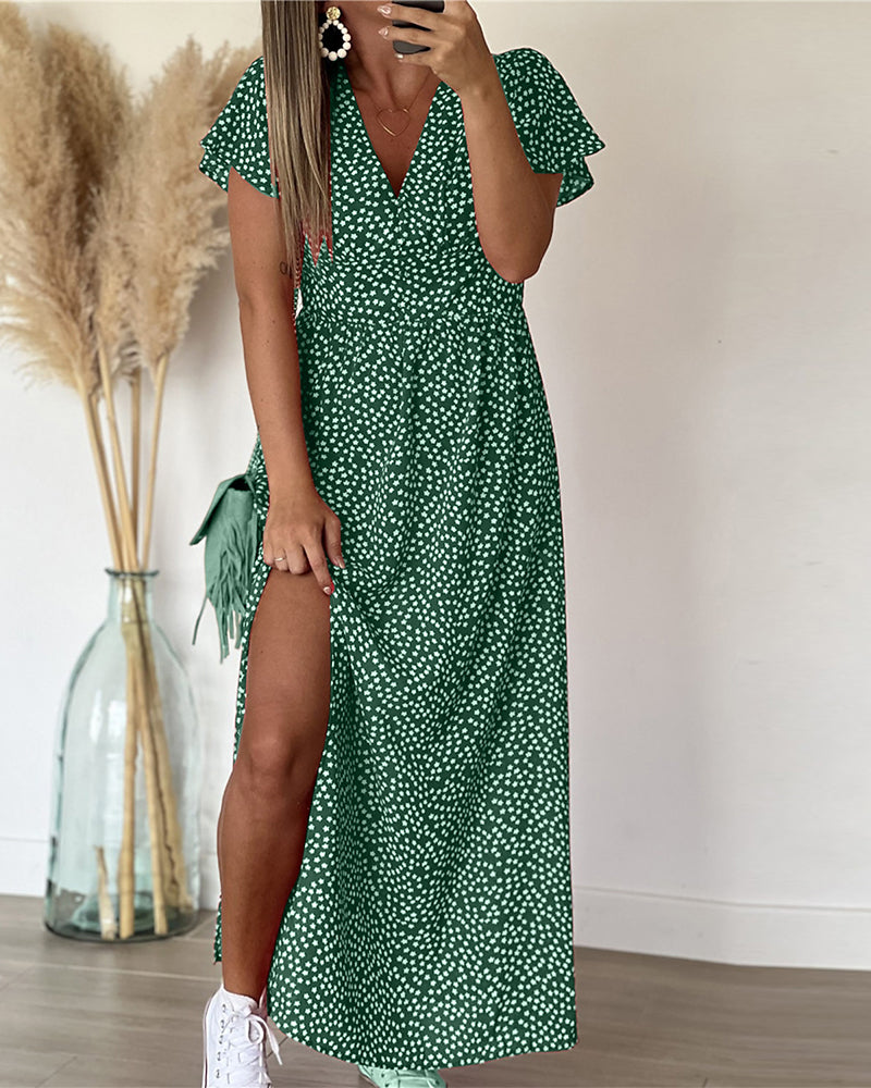 Robe Maxi Femme avec Décolleté en V et Imprimé Floral, Manches Volantes et Fente Latérale