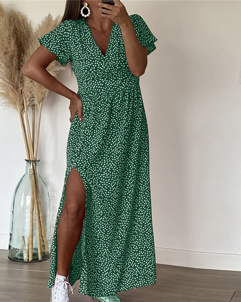 Robe Maxi Femme avec Décolleté en V et Imprimé Floral, Manches Volantes et Fente Latérale