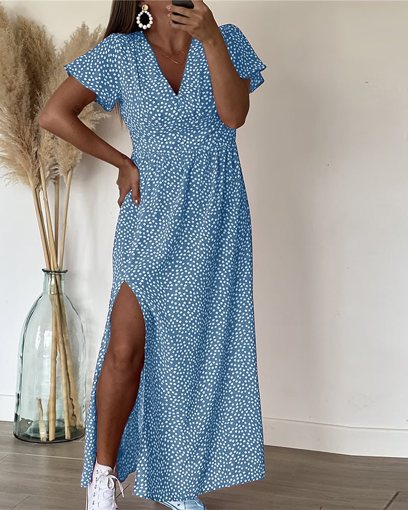 Robe Maxi Femme avec Décolleté en V et Imprimé Floral, Manches Volantes et Fente Latérale