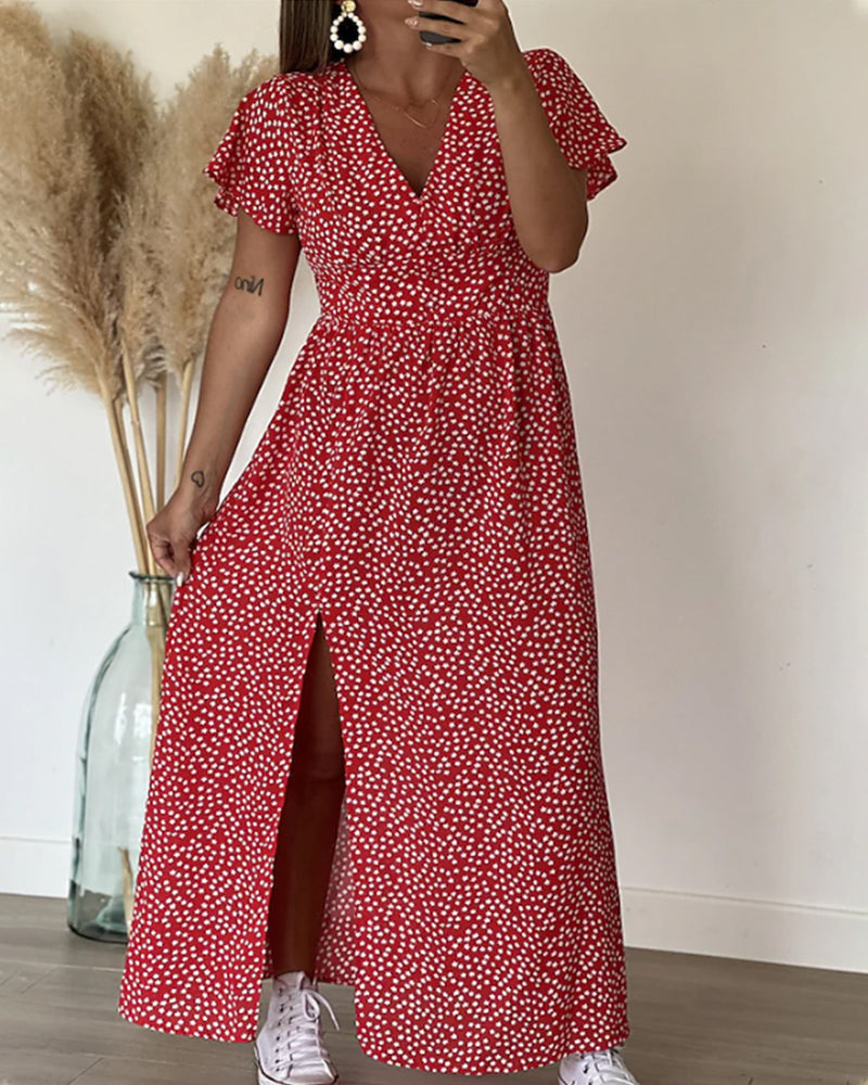 Robe Maxi Femme avec Décolleté en V et Imprimé Floral, Manches Volantes et Fente Latérale