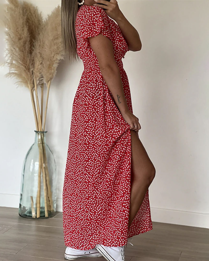 Robe Maxi Femme avec Décolleté en V et Imprimé Floral, Manches Volantes et Fente Latérale