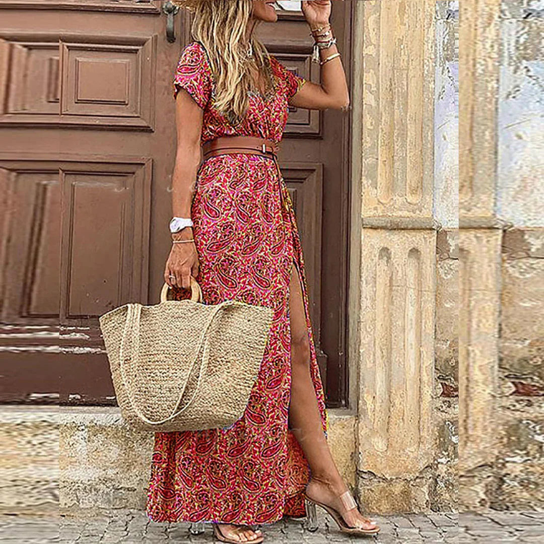 Robe Maxi Femme avec Décolleté en V et Imprimé Boho à Manches Courtes et Fente Latérale