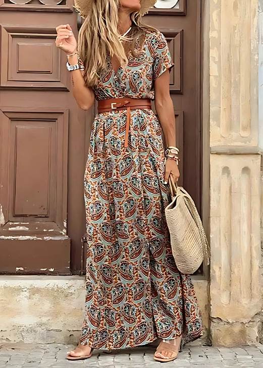 Robe Maxi Femme avec Décolleté en V et Imprimé Boho à Manches Courtes et Fente Latérale