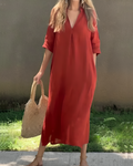 Robe Maxi Femme avec Décolleté en V et Manches Trois Quarts avec Poches Latérales