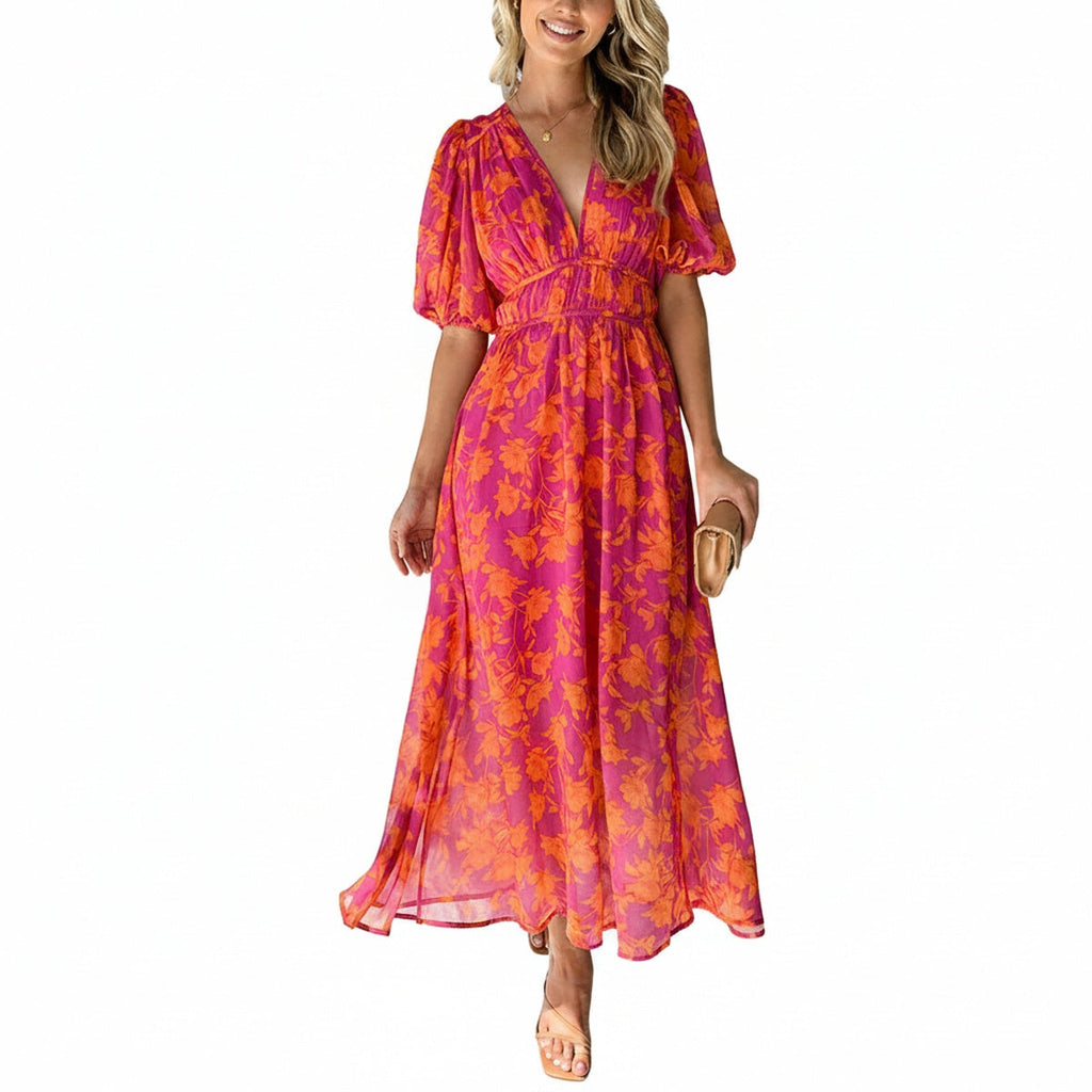 Robe Maxi Femme avec Décolleté en V et Manches Bouffantes Imprimé Floral A-ligne