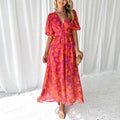 Robe Maxi Femme avec Décolleté en V et Manches Bouffantes Imprimé Floral A-ligne