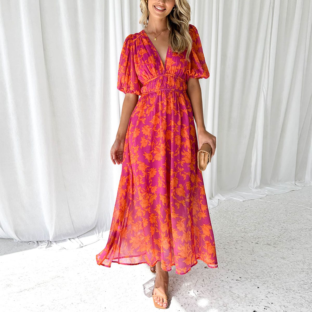 Robe Maxi Femme avec Décolleté en V et Manches Bouffantes Imprimé Floral A-ligne