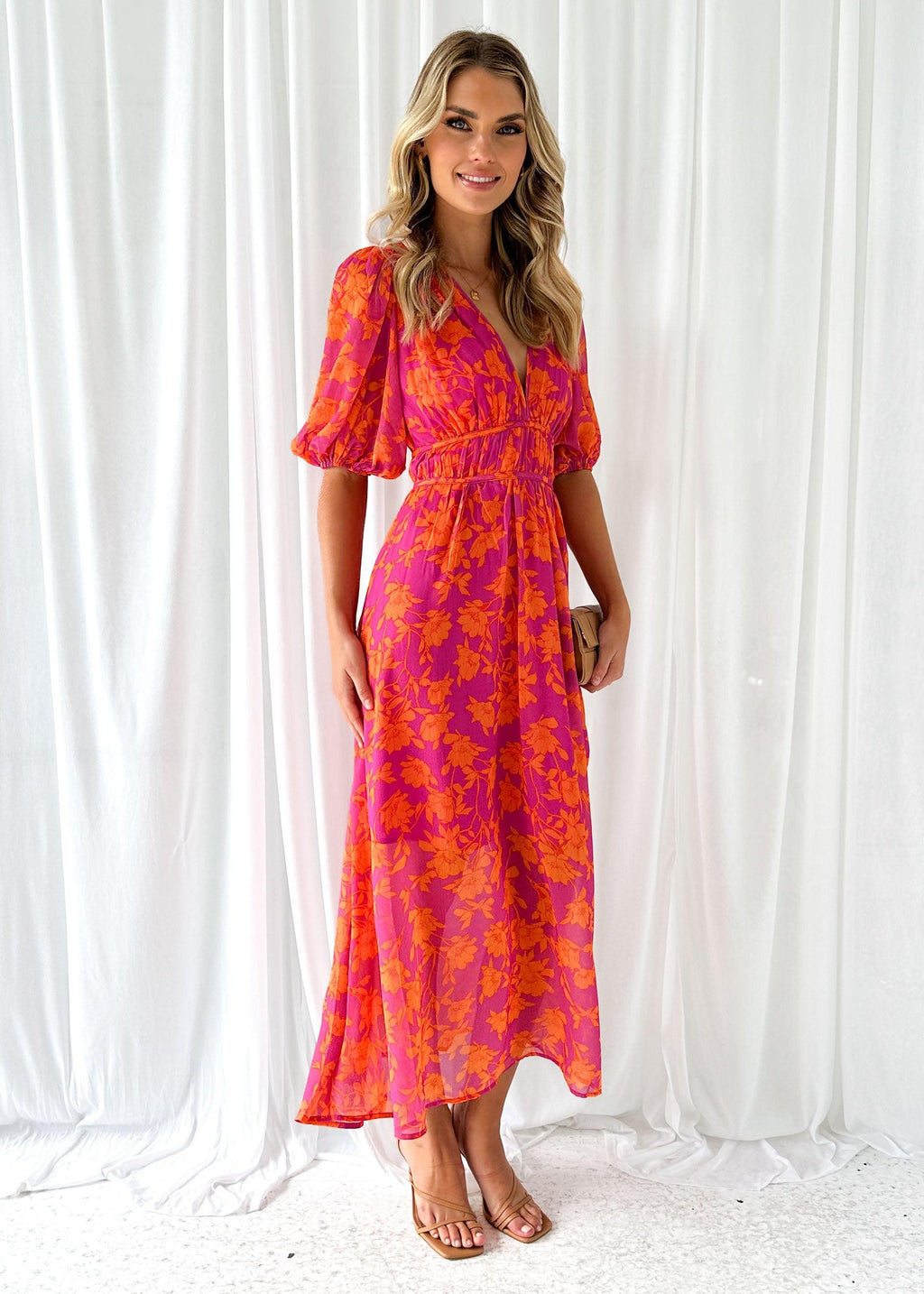 Robe Maxi Femme avec Décolleté en V et Manches Bouffantes Imprimé Floral A-ligne