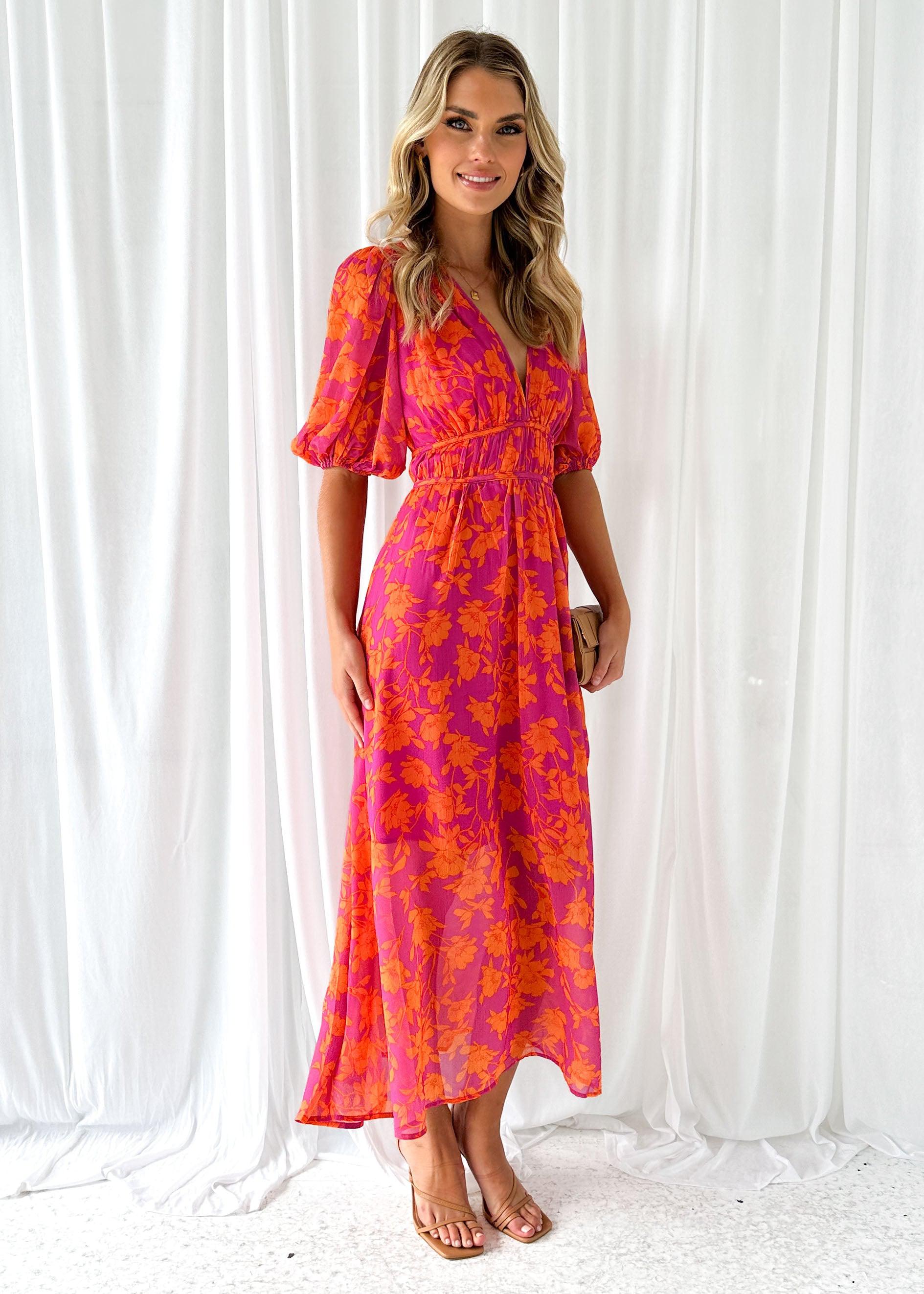 Robe Maxi Femme avec Décolleté en V et Manches Bouffantes Imprimé Floral A-ligne