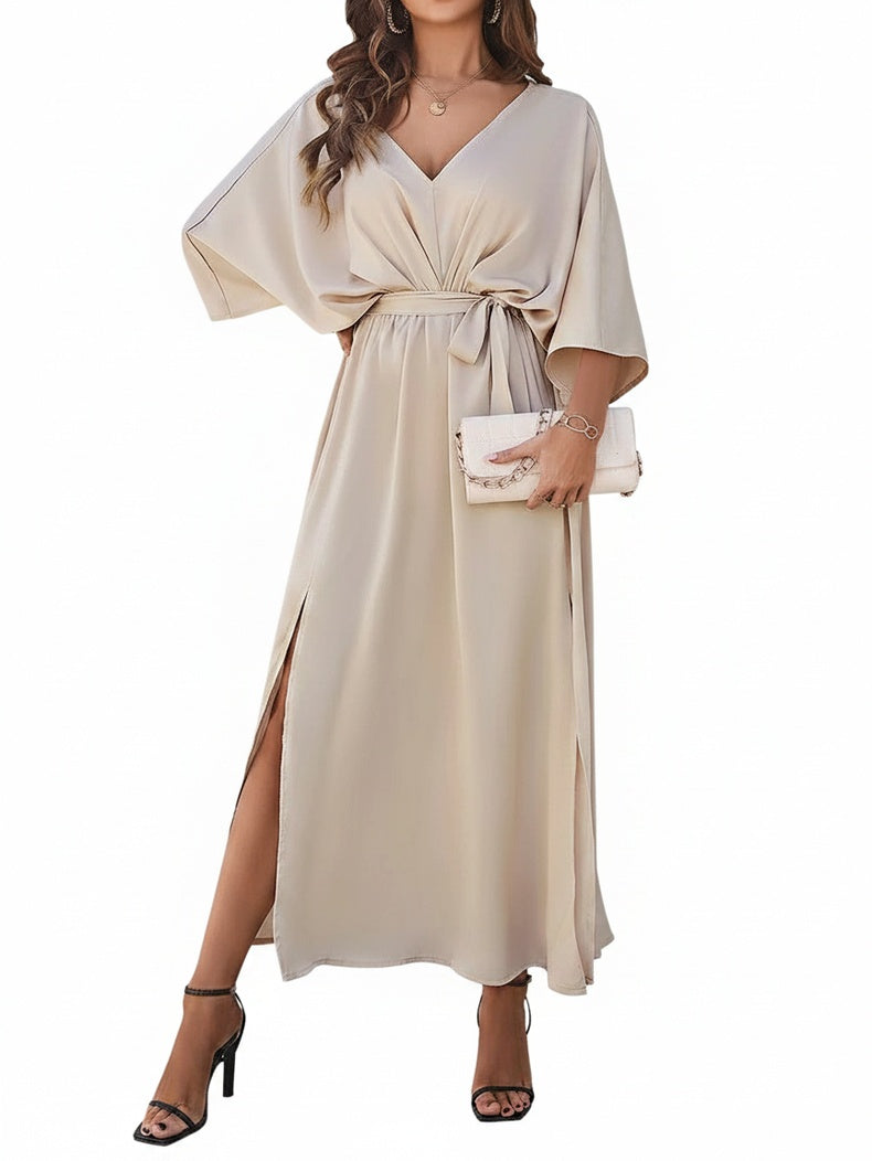 Robe Maxi Femme avec Décolleté en V, Manches Chauve-Souris, Ceinture Nœud et Fente