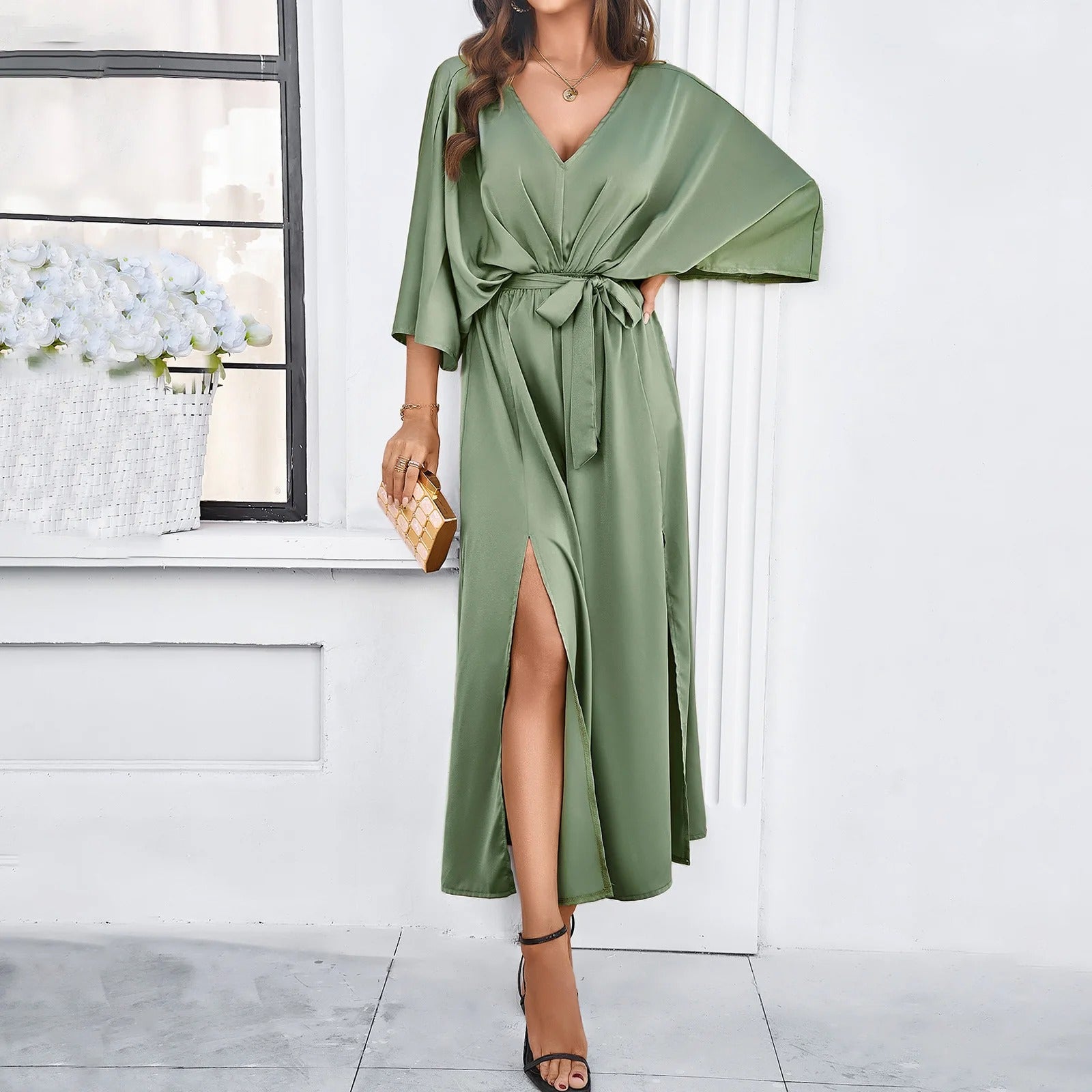 Robe Maxi Femme avec Décolleté en V, Manches Chauve-Souris, Ceinture Nœud et Fente