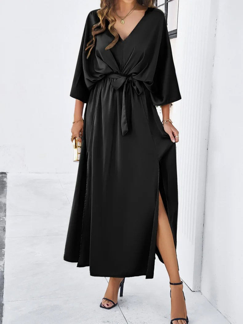 Robe Maxi Femme avec Décolleté en V, Manches Chauve-Souris, Ceinture Nœud et Fente