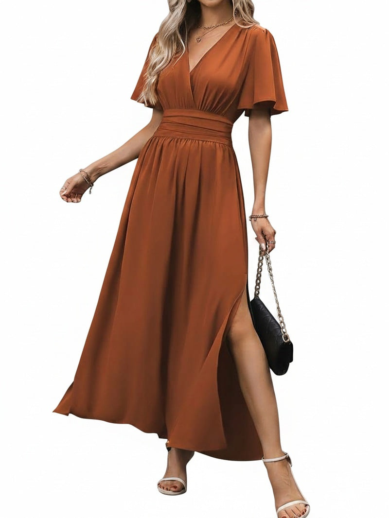 Robe Maxi Femme avec Décolleté en V, Manches Papillon et Taille Haute avec Fente Latérale