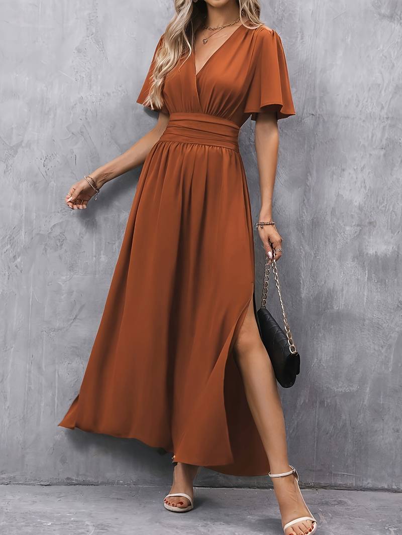 Robe Maxi Femme avec Décolleté en V, Manches Papillon et Taille Haute avec Fente Latérale
