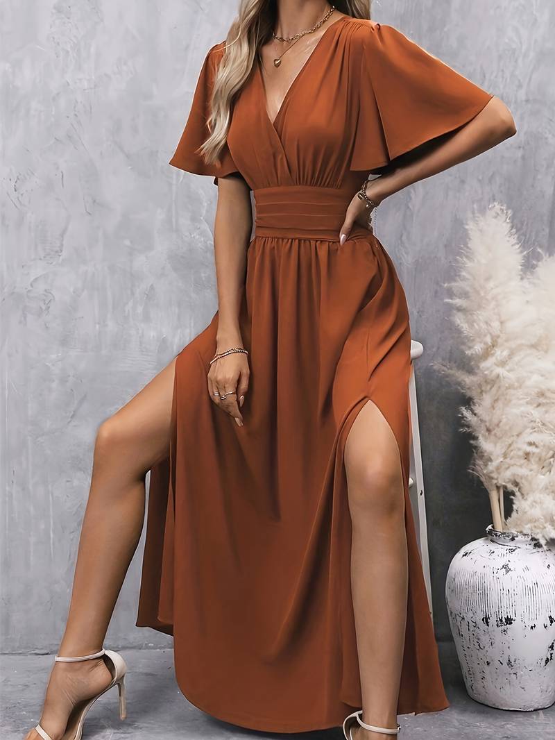 Robe Maxi Femme avec Décolleté en V, Manches Papillon et Taille Haute avec Fente Latérale