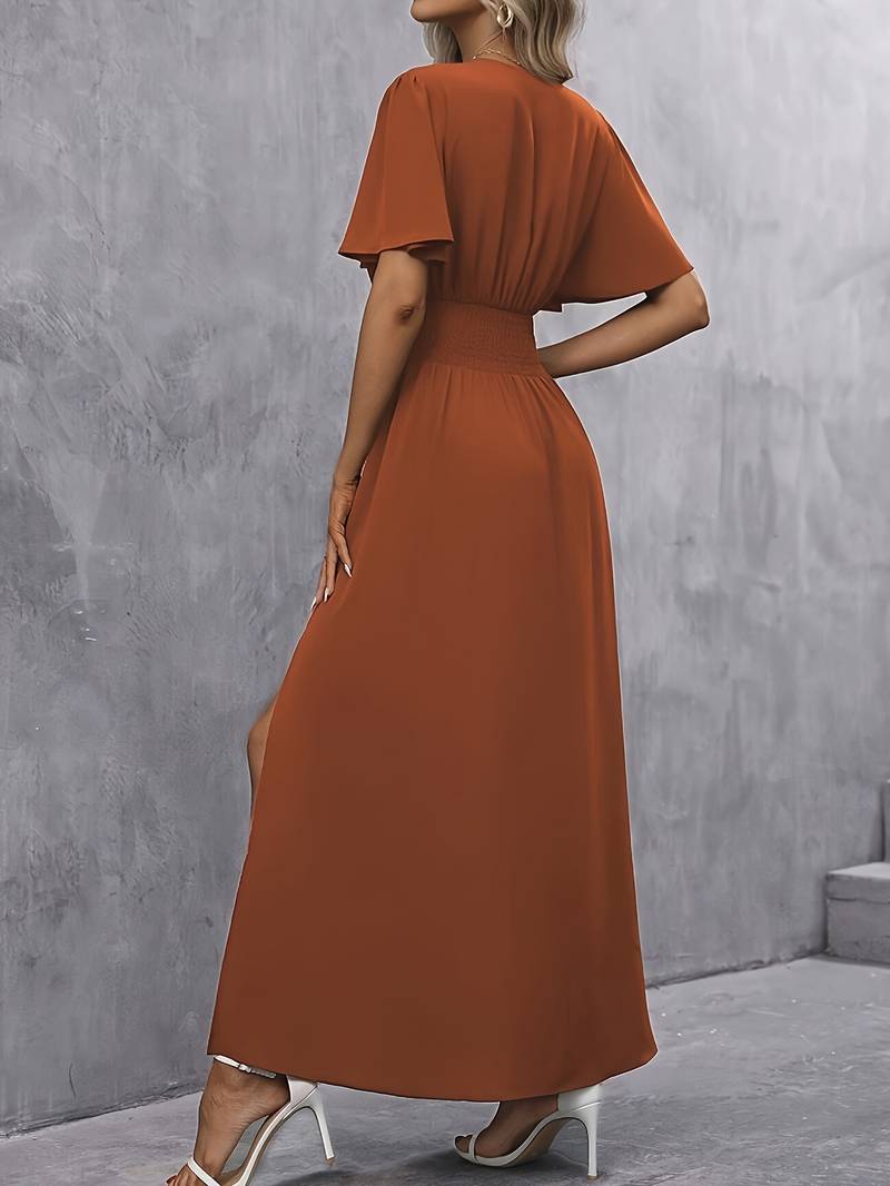 Robe Maxi Femme avec Décolleté en V, Manches Papillon et Taille Haute avec Fente Latérale