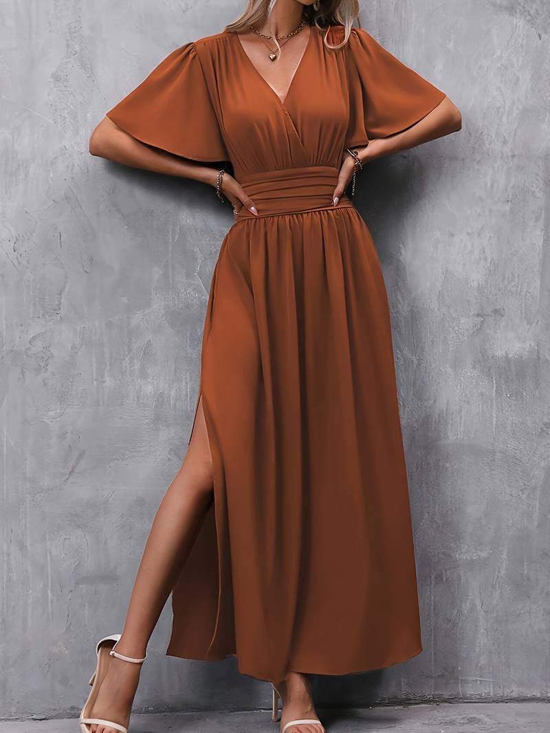 Robe Maxi Femme avec Décolleté en V, Manches Papillon et Taille Haute avec Fente Latérale