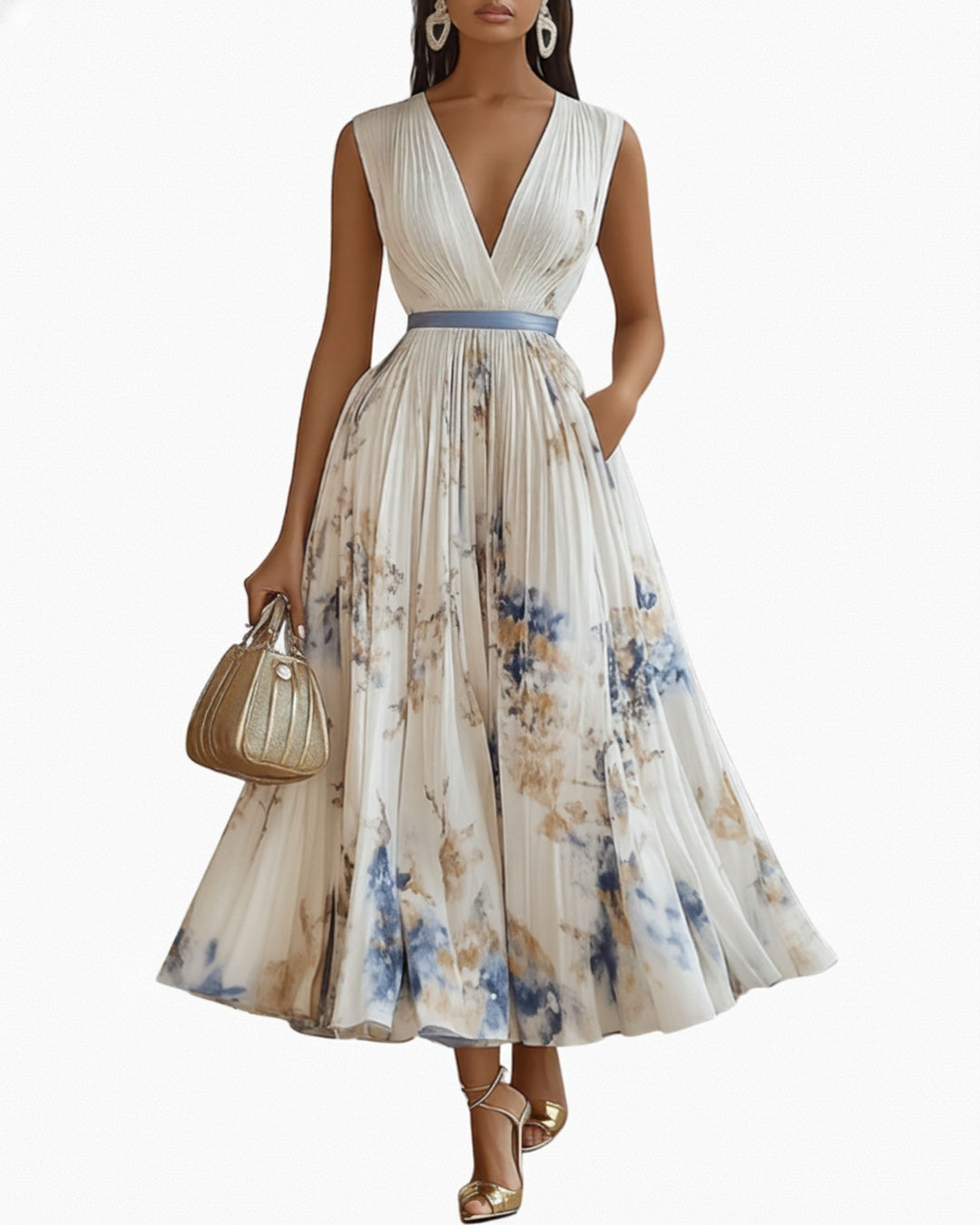 Robe Maxi Femme Sans Manches avec Décolleté V Profond et A-ligne Plissée