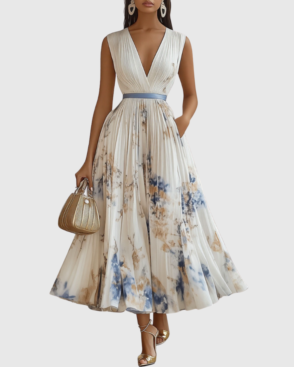 Robe Maxi Femme Sans Manches avec Décolleté V Profond et A-ligne Plissée