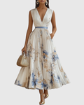 Robe Maxi Femme Sans Manches avec Décolleté V Profond et A-ligne Plissée