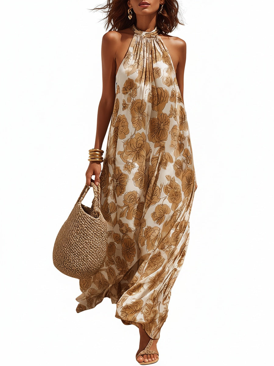 Robe Maxi Femme Sans Manches avec Col Halter et Imprimé Floral
