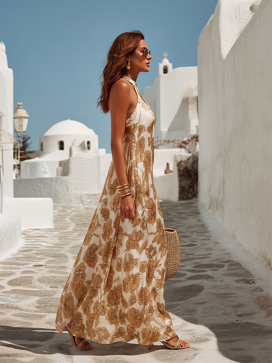 Robe Maxi Femme Sans Manches avec Col Halter et Imprimé Floral