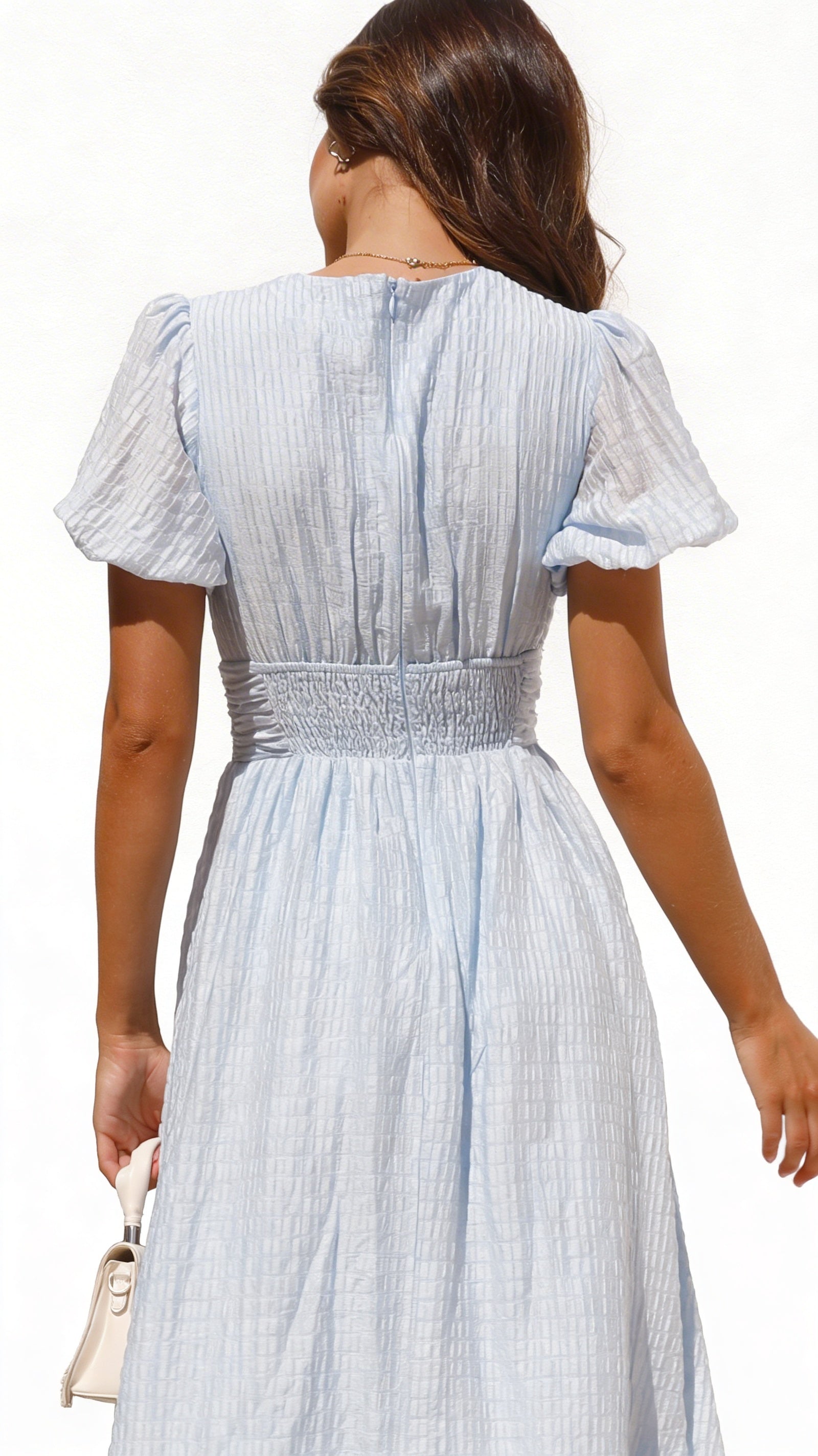 Robe maxi femme avec décolleté en V et manches bouffantes