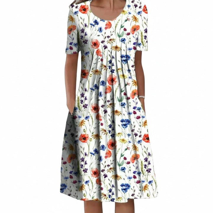 Robe Midi Femme à Manches Courtes avec Col Rond et Imprimé Floral