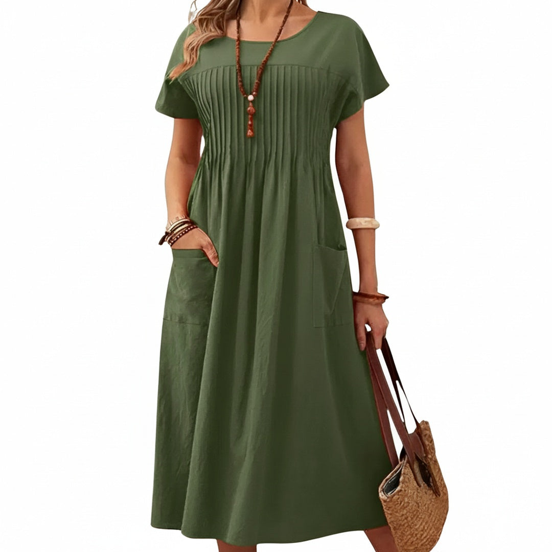 Robe Midi Femme à Manches Courtes avec Col Rond et Poches Latérales