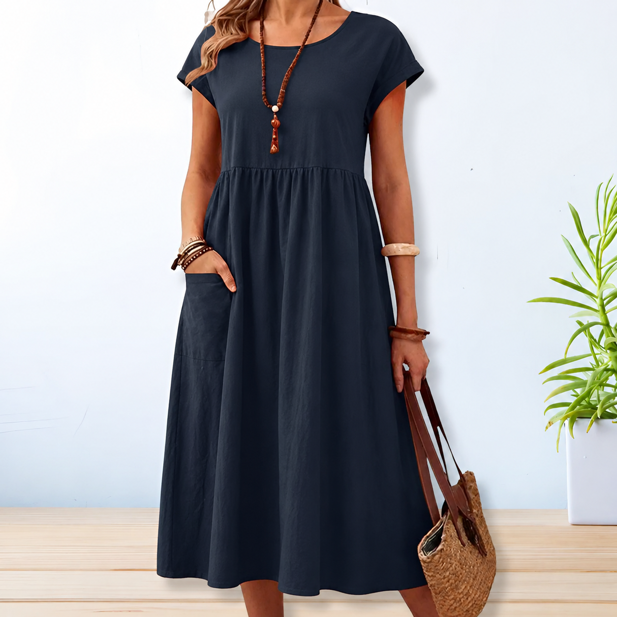 Robe Midi Femme à Manches Courtes avec Col Rond et Poches Latérales