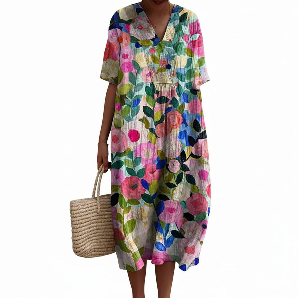 Robe Midi Femme à Manches Courtes avec Décolleté en V et Imprimé Floral