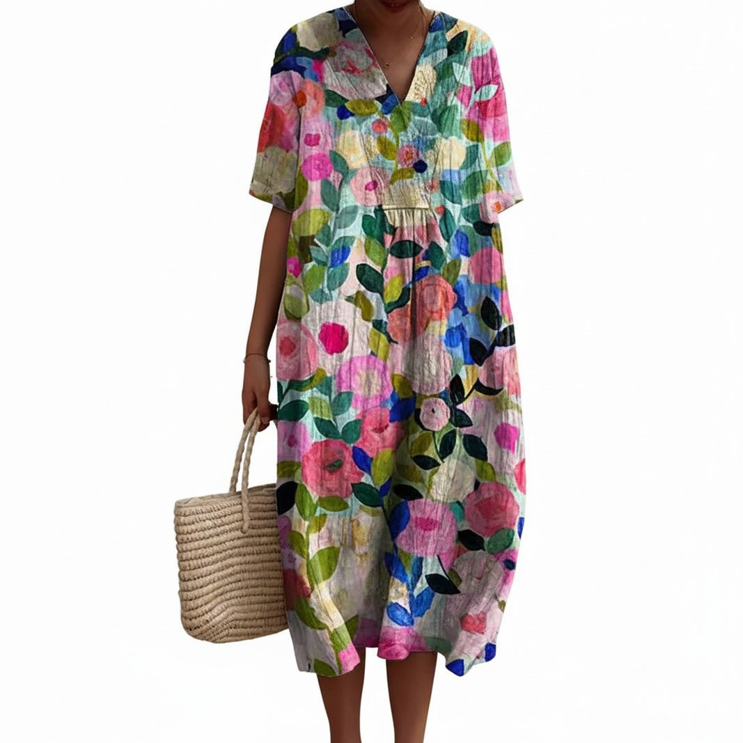 Robe Midi Femme à Manches Courtes avec Décolleté en V et Imprimé Floral