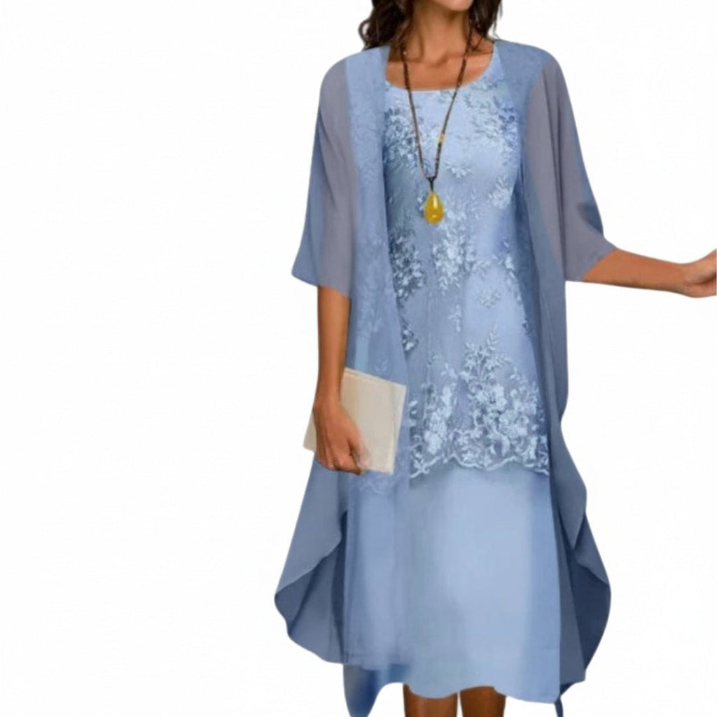 Robe Midi Femme avec Imprimé Floral et Superposition à Volants à Manches Trois Quarts
