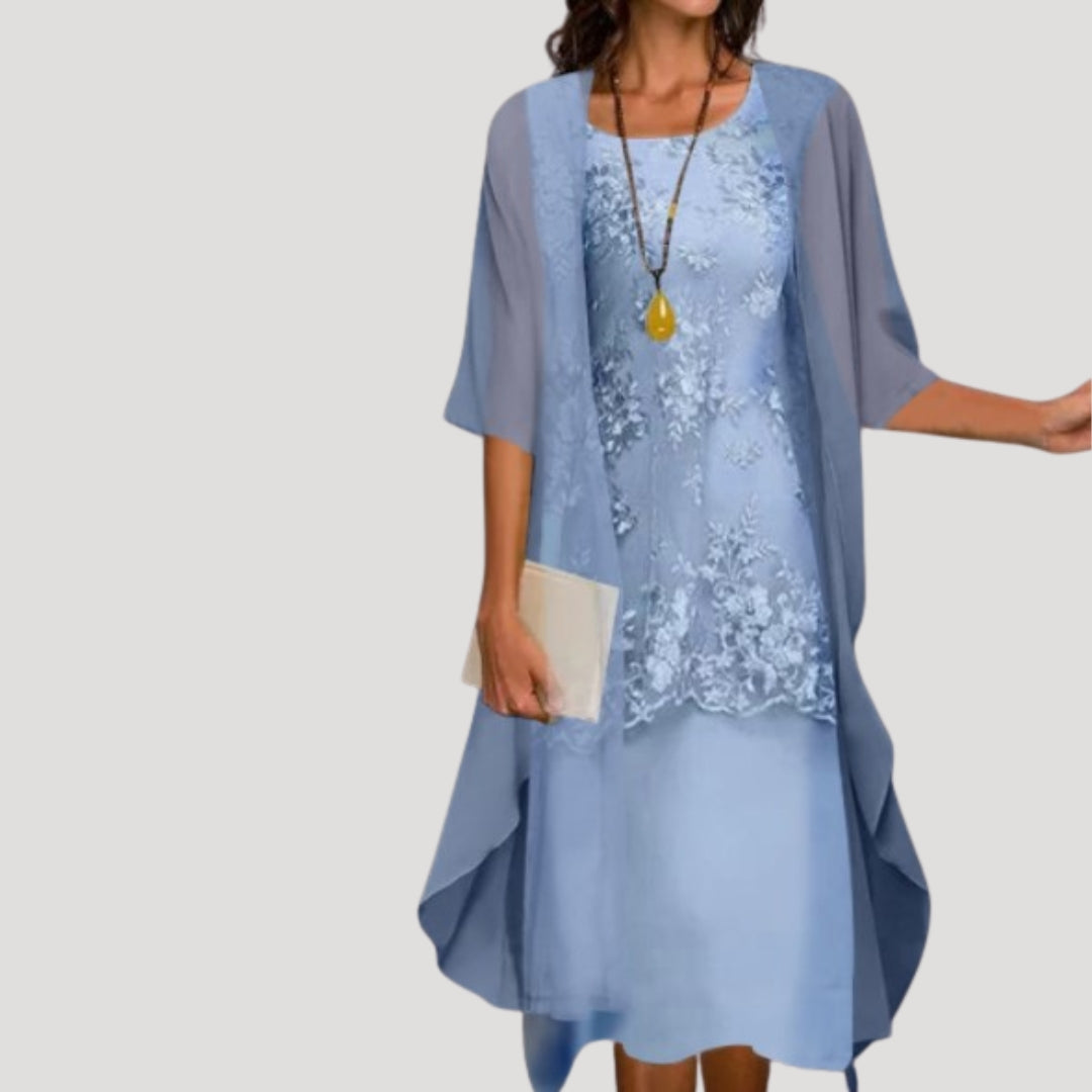 Robe Midi Femme avec Imprimé Floral et Superposition à Volants à Manches Trois Quarts