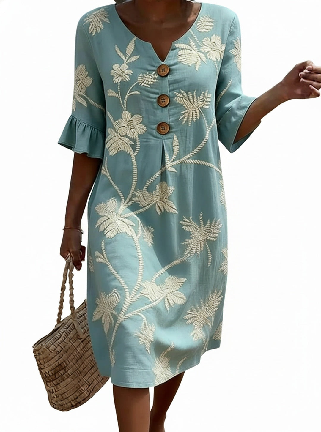 Robe Midi Femme avec Imprimé Floral, Décolleté en V et Fermeture à Boutons