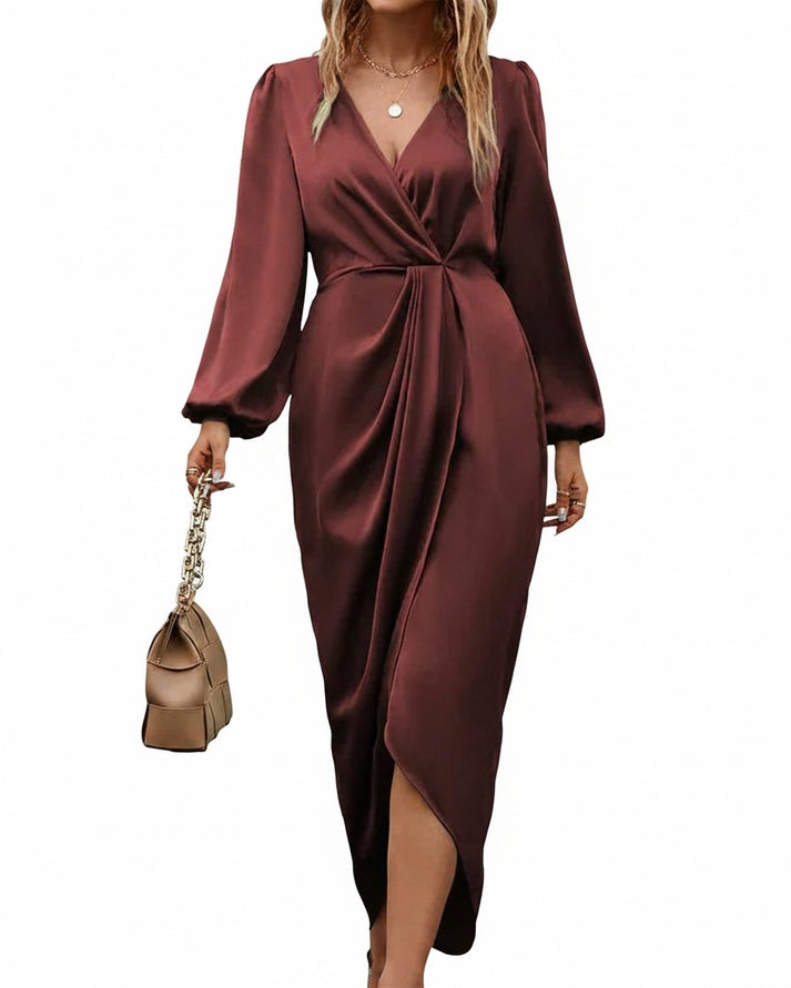 Robe Midi Femme avec Décolleté en V Profond, Manches Ballon Longues et Taille Drapée