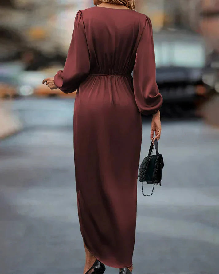 Robe Midi Femme avec Décolleté en V Profond, Manches Ballon Longues et Taille Drapée