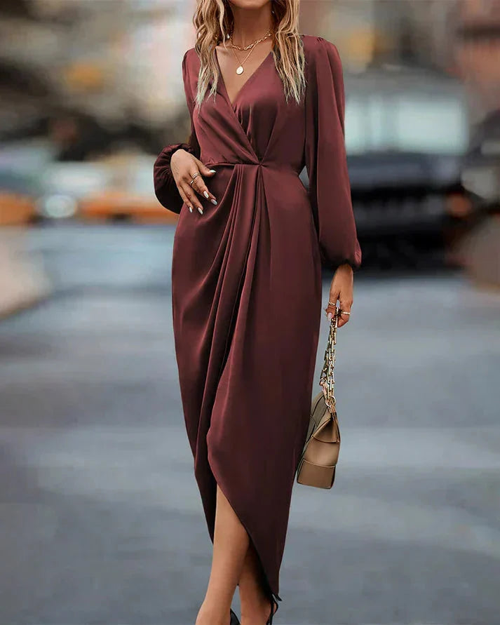 Robe Midi Femme avec Décolleté en V Profond, Manches Ballon Longues et Taille Drapée