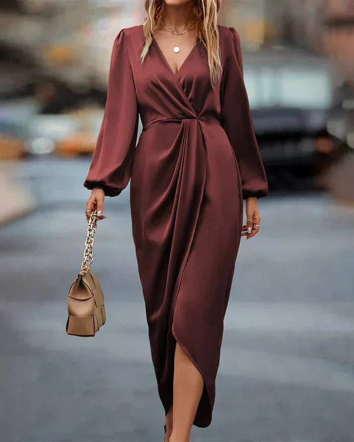 Robe Midi Femme avec Décolleté en V Profond, Manches Ballon Longues et Taille Drapée