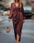Robe Midi Femme avec Décolleté en V Profond, Manches Ballon Longues et Taille Drapée
