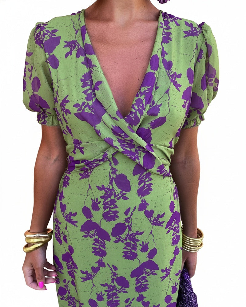 Robe Midi Femme avec Décolleté V Profond, Manches Bouffantes et Imprimé Floral