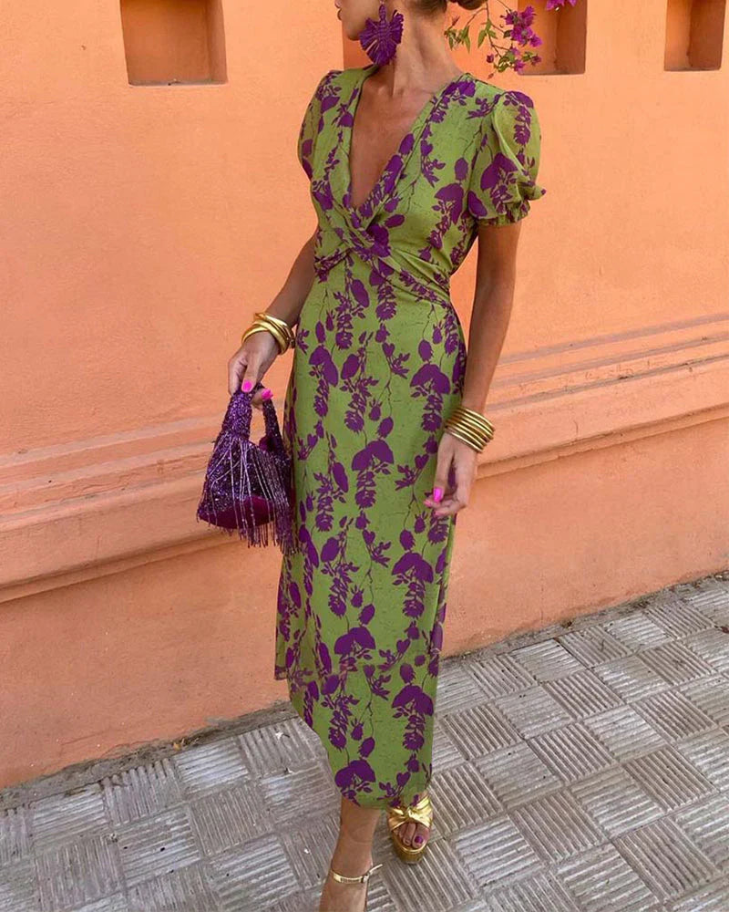 Robe Midi Femme avec Décolleté V Profond, Manches Bouffantes et Imprimé Floral